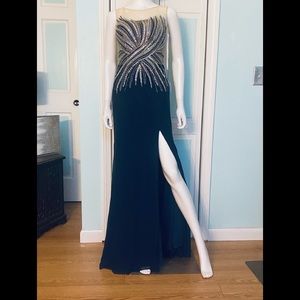 Size 6 Beaded Navy Stretch Panoply Gown with slit Mother of Bride Groom Dress